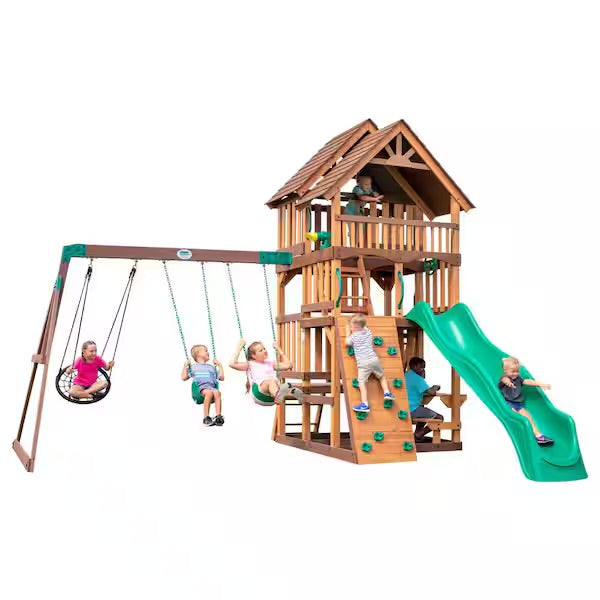 Highlander Outdoor Kid's Playground Set PlaySet w/ Multi-level Clubhouse, Rockwall, Swing Set, and Green Wave Slide
