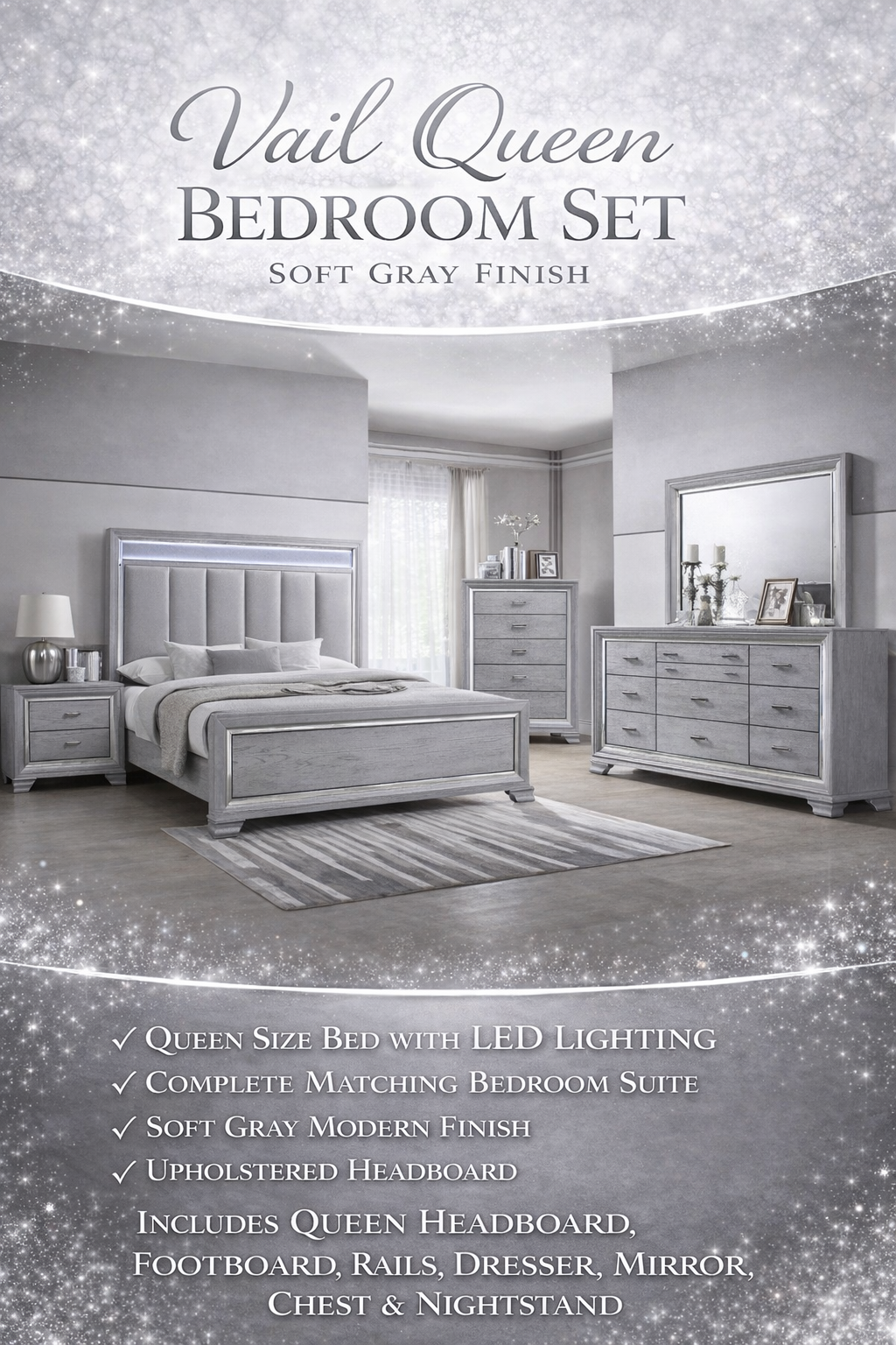 Vail Queen Bedroom Set — Soft Gray Finish