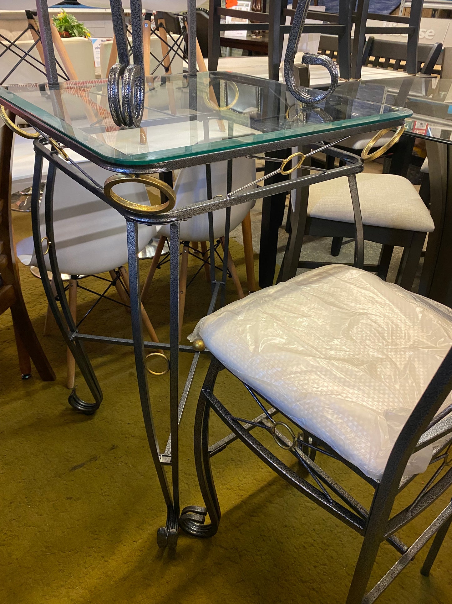 Iron and Glass Counter-Height Dining Table with Two Chairs