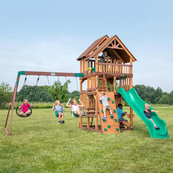 Highlander Outdoor Kid's Playground Set PlaySet w/ Multi-level Clubhouse, Rockwall, Swing Set, and Green Wave Slide