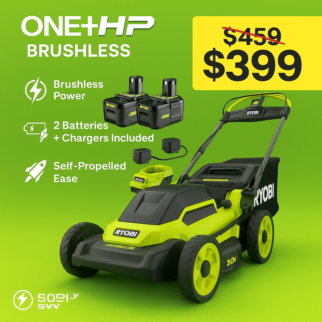 RYOBI ONE+ HP 18 V Brushless 20″ Self-Propelled Lawn Mower Kit (PBLLM05K2)