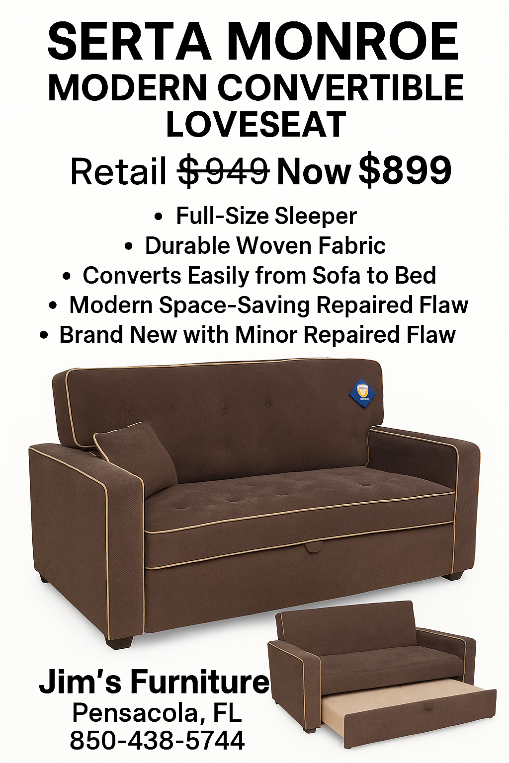 Serta Monroe Modern Convertible Loveseat – Java Brown