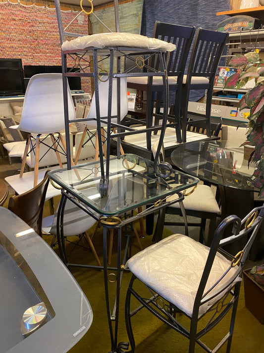 Iron and Glass Counter-Height Dining Table with Two Chairs