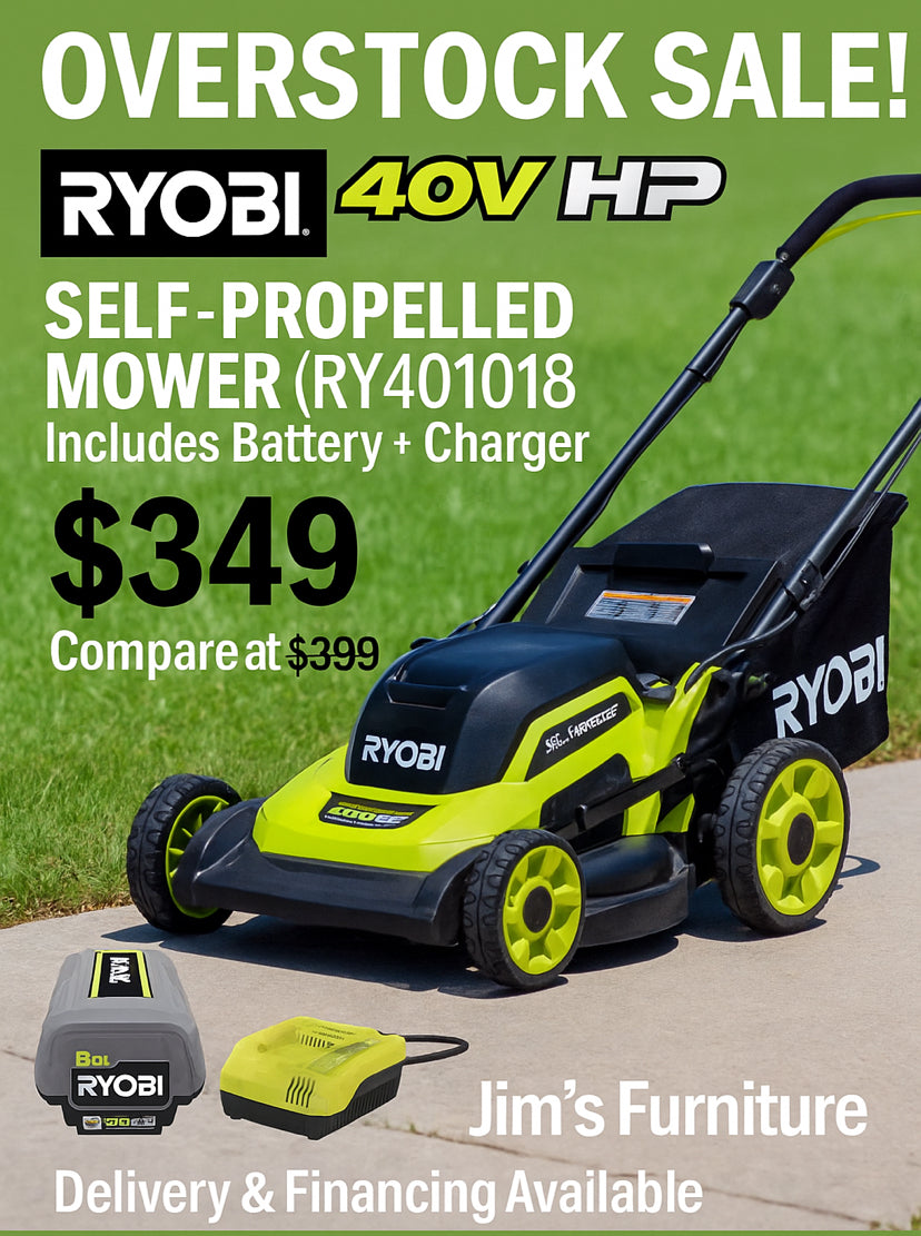 RYOBI 40V HP Brushless 20″ Self-Propelled Mower Kit – $350 (Battery & Charger Included)