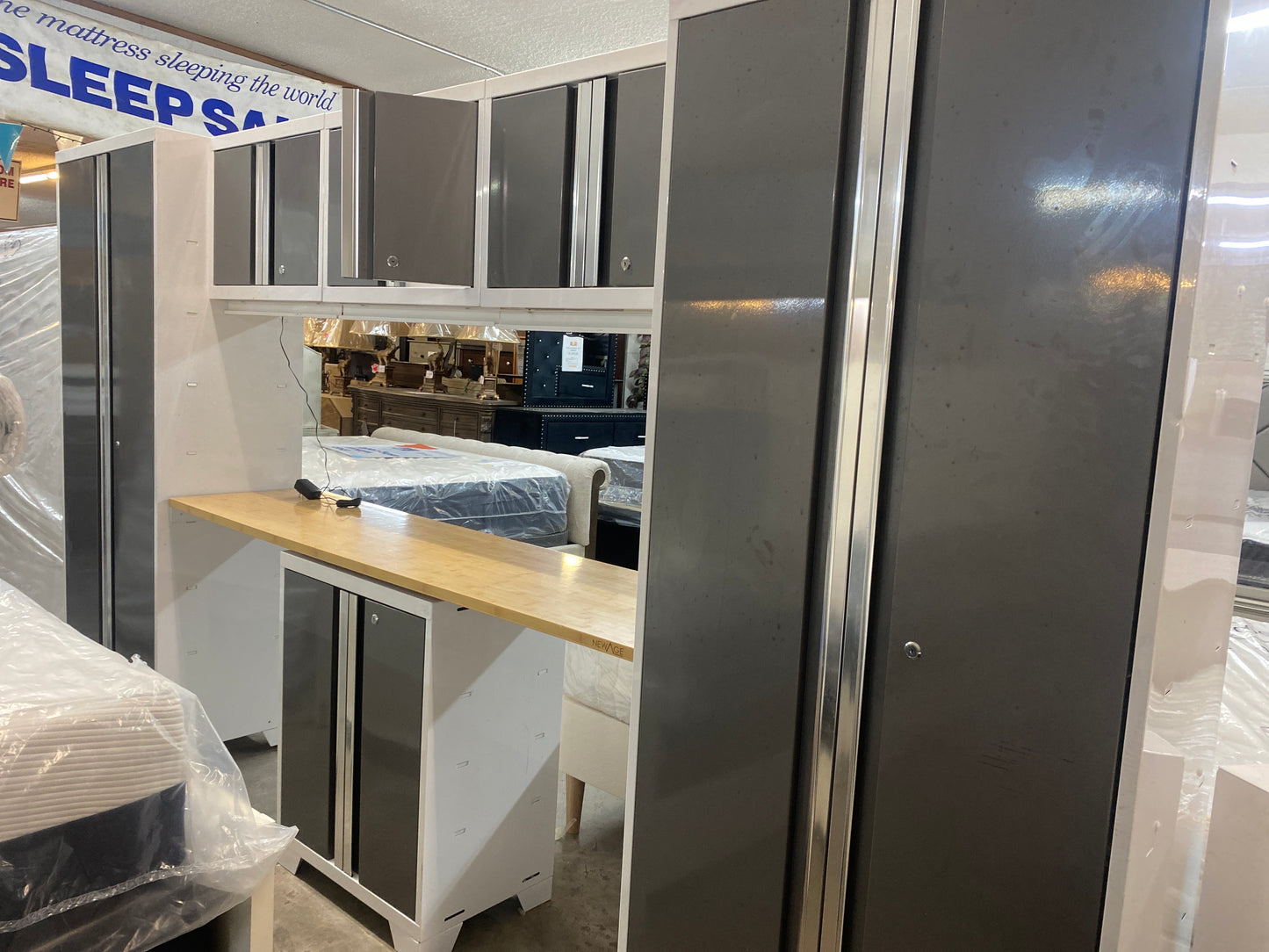 Premium Garage Storage Cabinet System — White with Bamboo Worktop