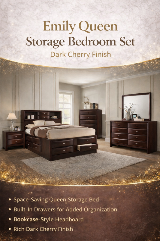 Emily Queen Storage Bedroom Set — Dark Cherry Finish